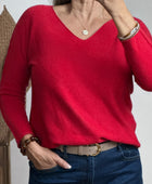 Pull col V violine, marron, terracotta et rouge