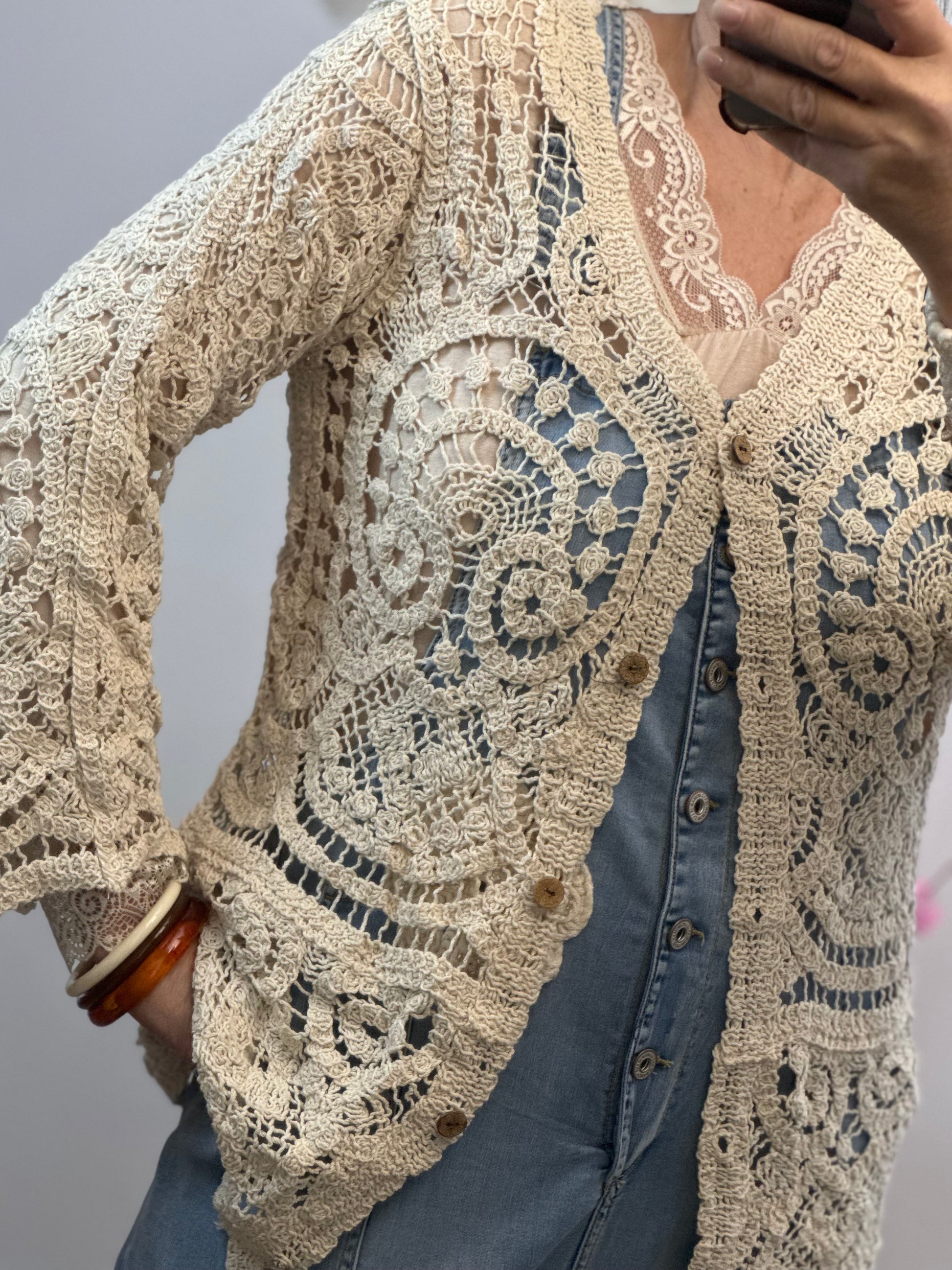 Gilet long crochet beige TU 38/44