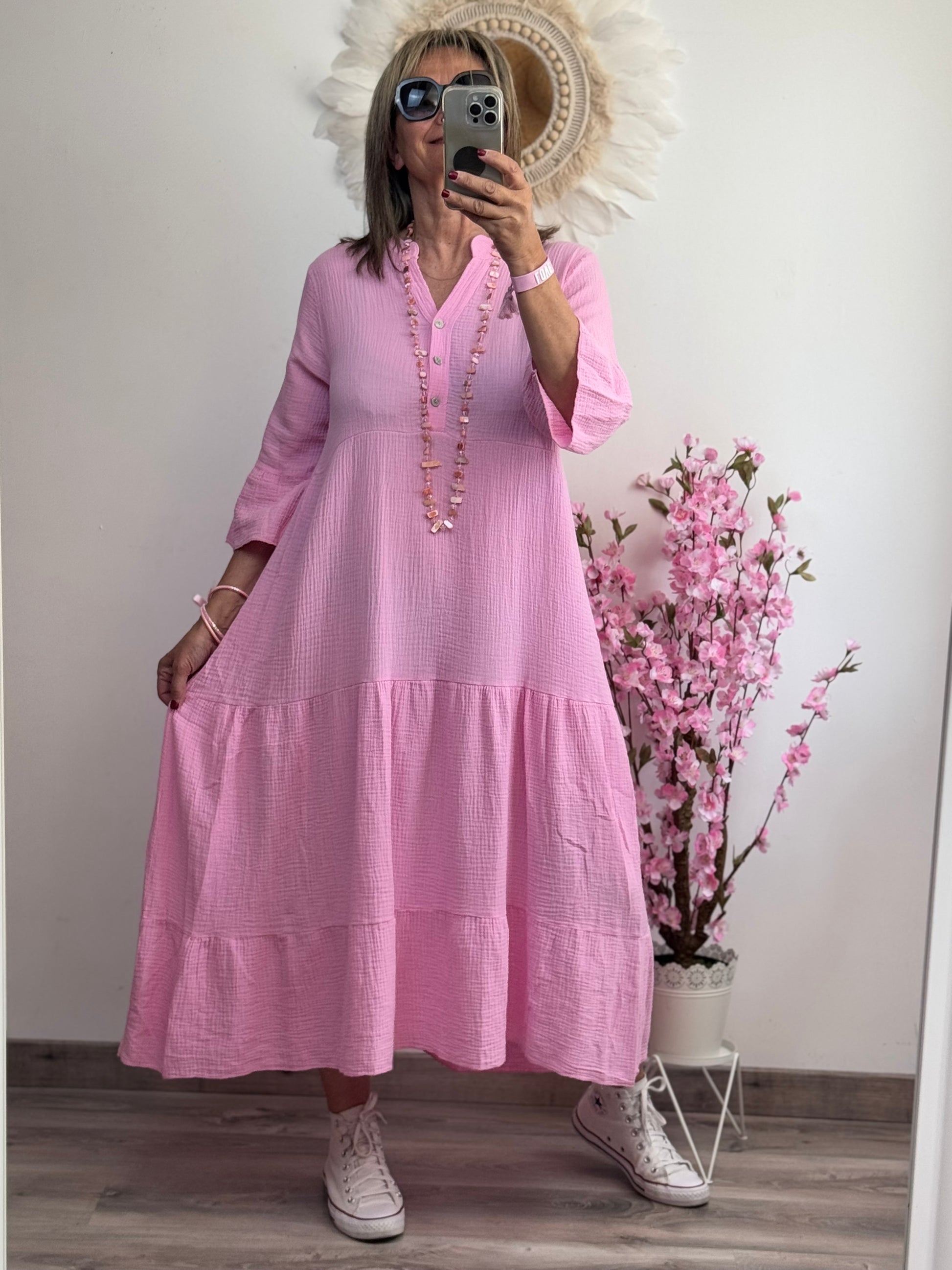 Robe longue gaz de coton rose bonbon