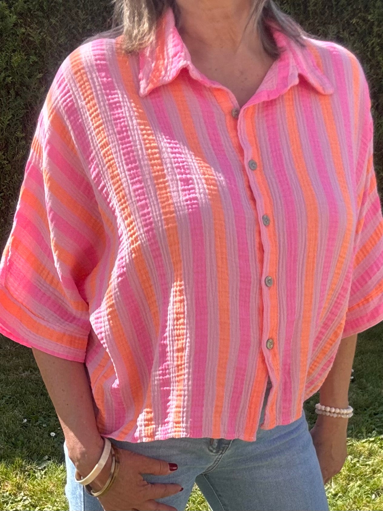 Chemise gaz de coton rayée rose