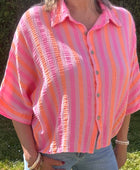 Chemise gaz de coton rayée rose