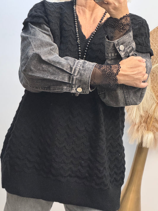 Pull noir manches jeans TU 44/50