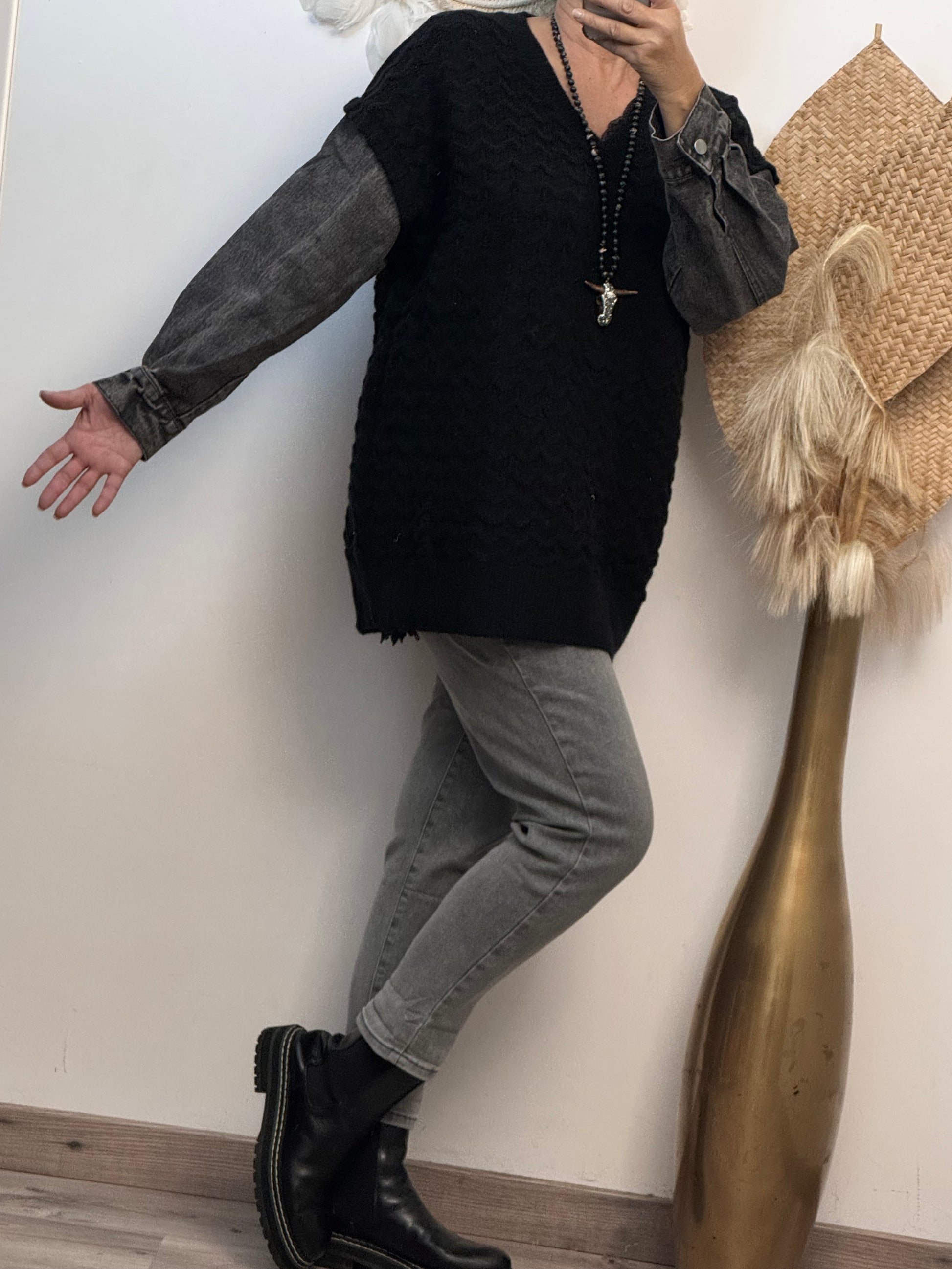 Pull noir manches jeans TU 44/50