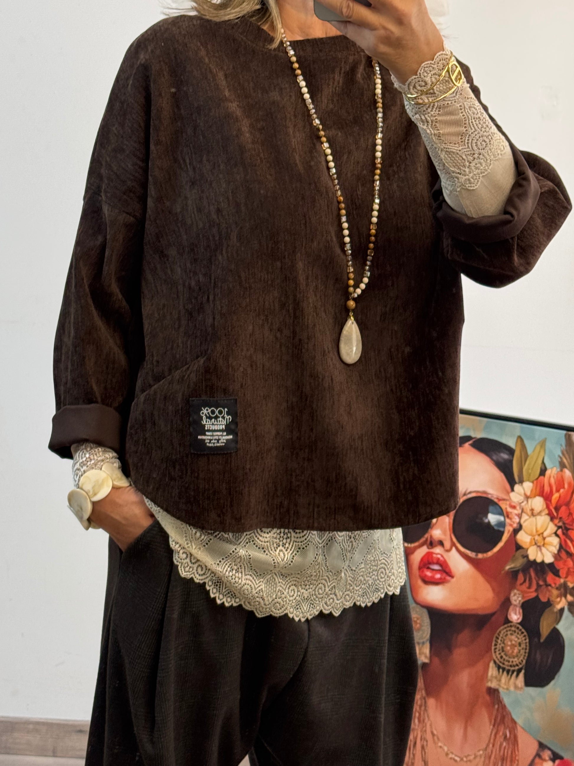 Sweat velours côtelé marron