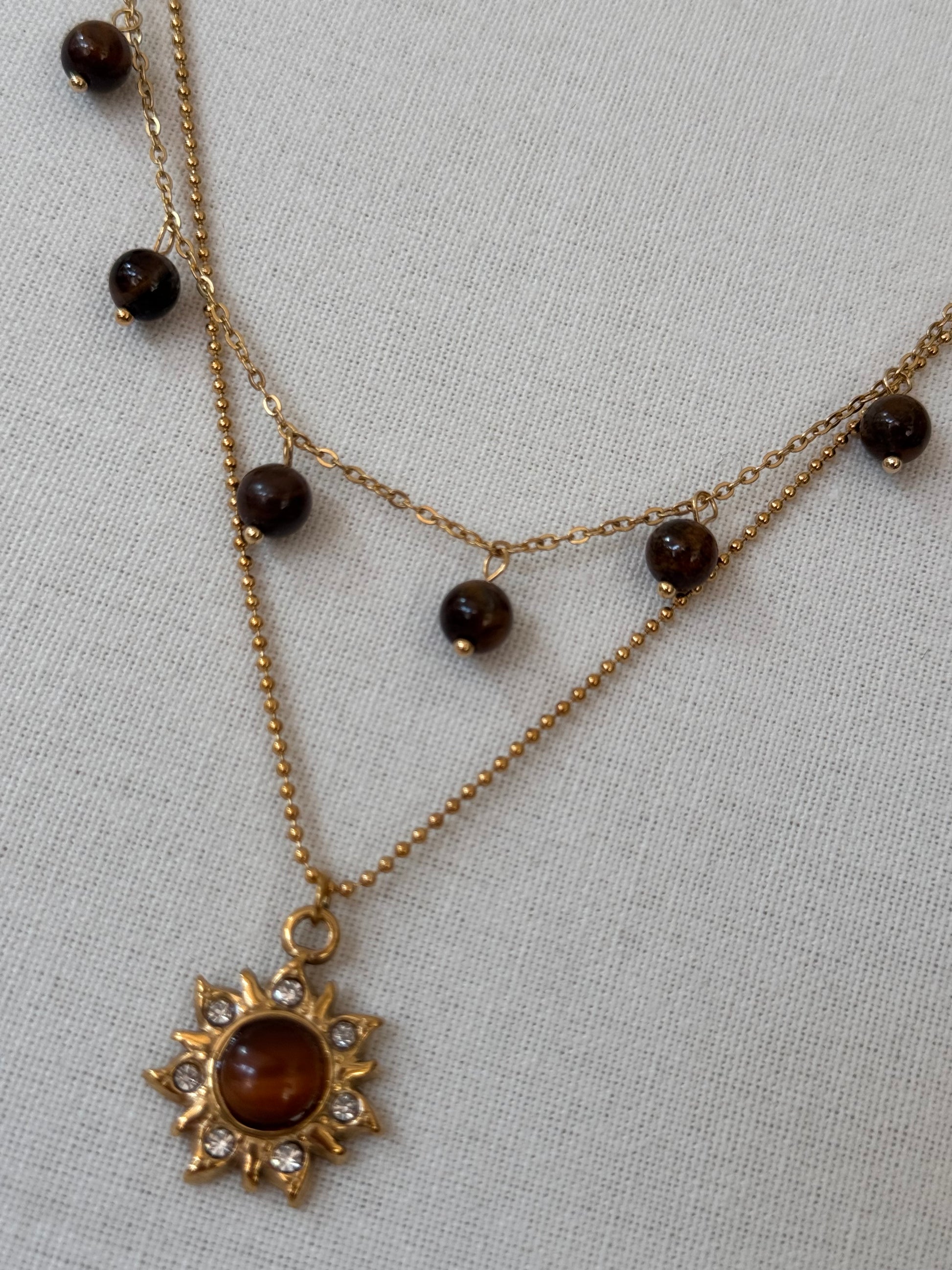 Collier solaire doré double rang œil de tigre protecteur