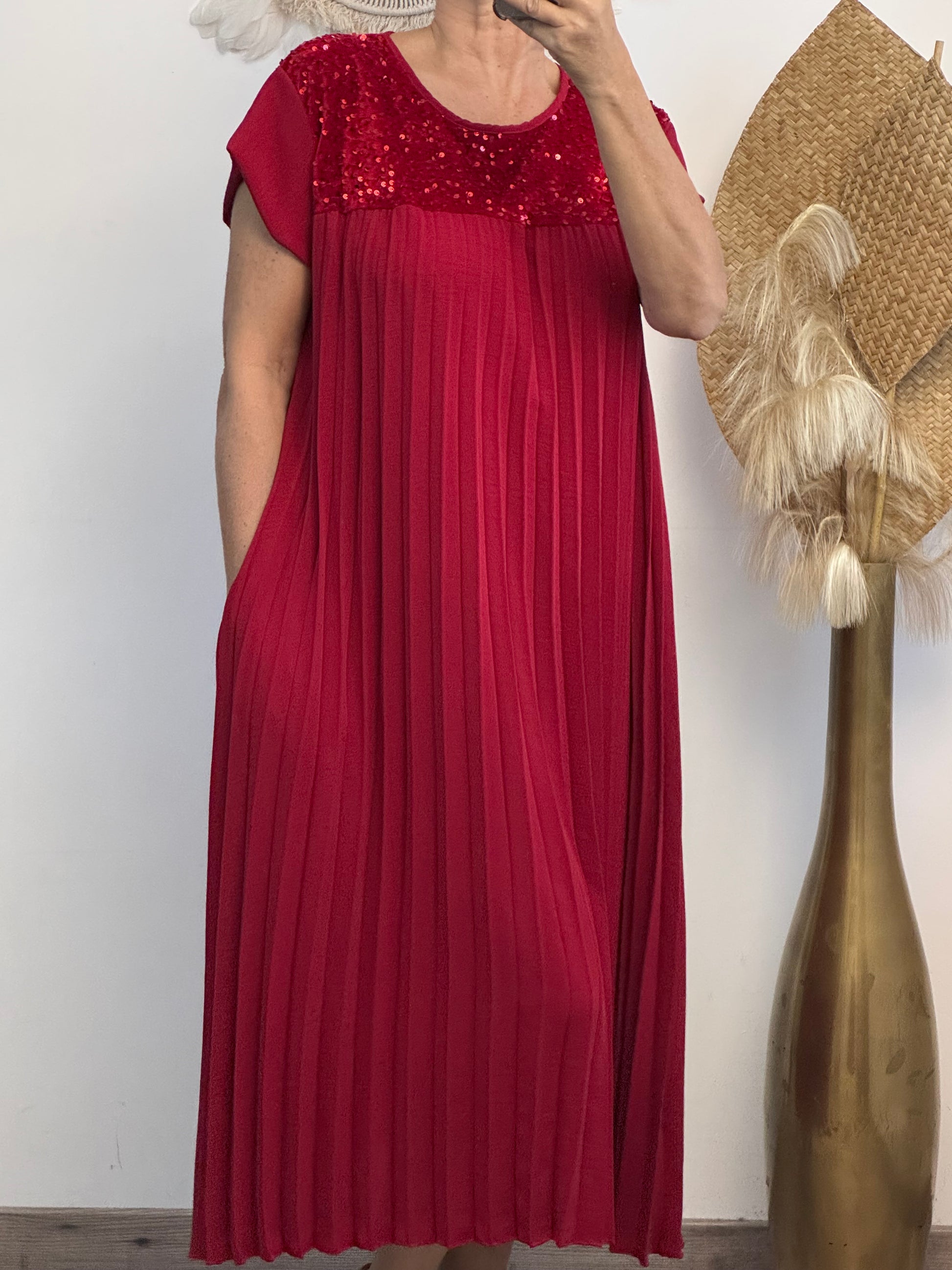 Robe longue plissée rouge strass TU 42/50