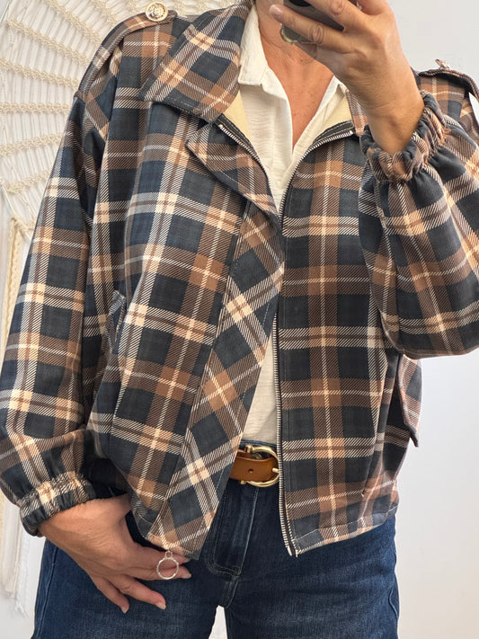 Blouson loose carreaux bleus