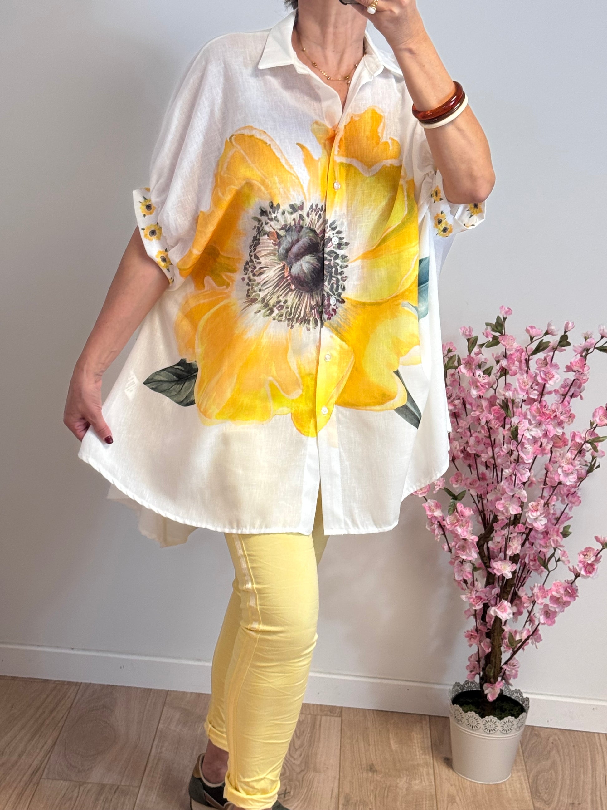 Chemise évasée fleurs jaune TU 38/46