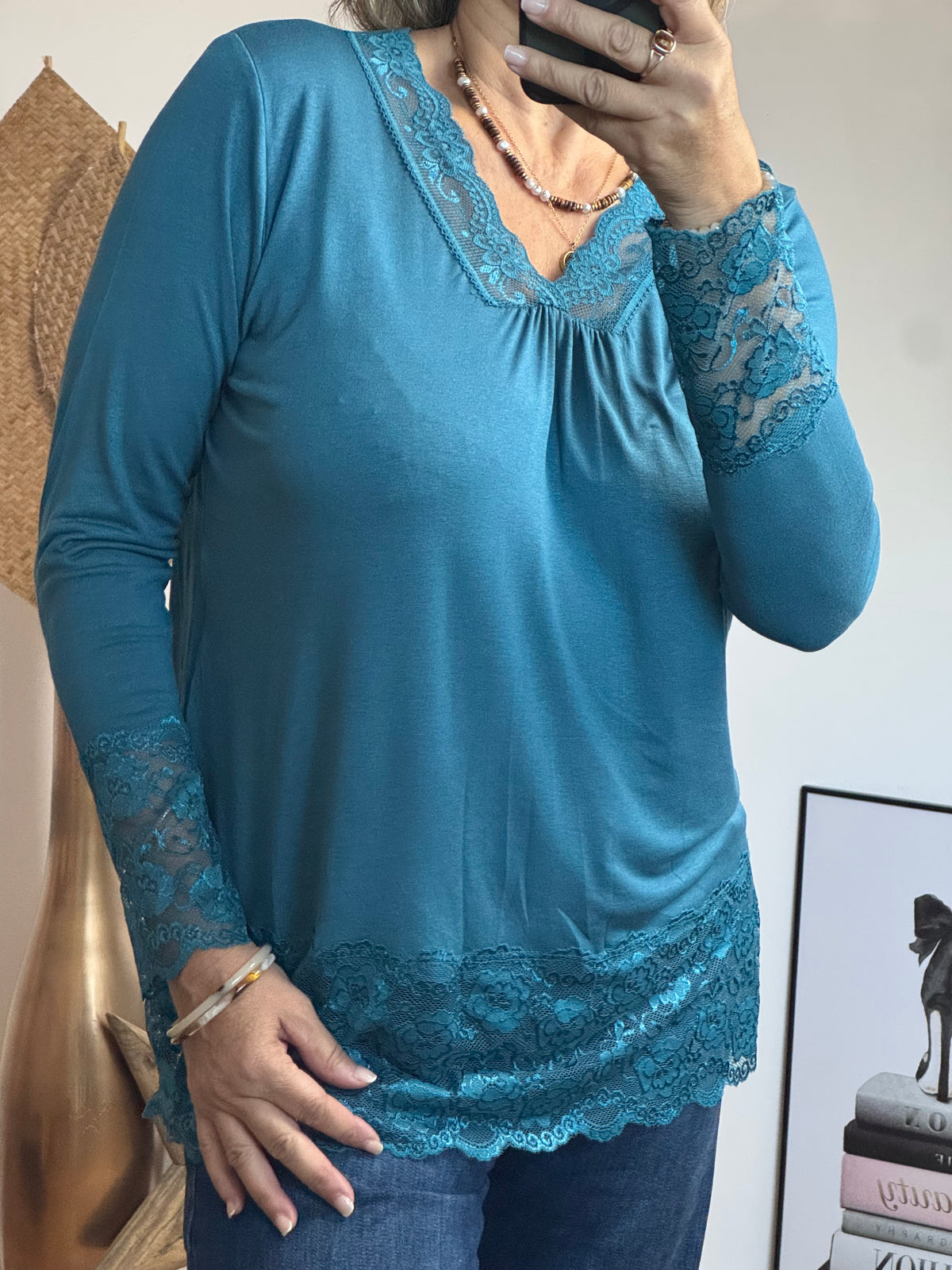 Top dentelle bleu pétrol