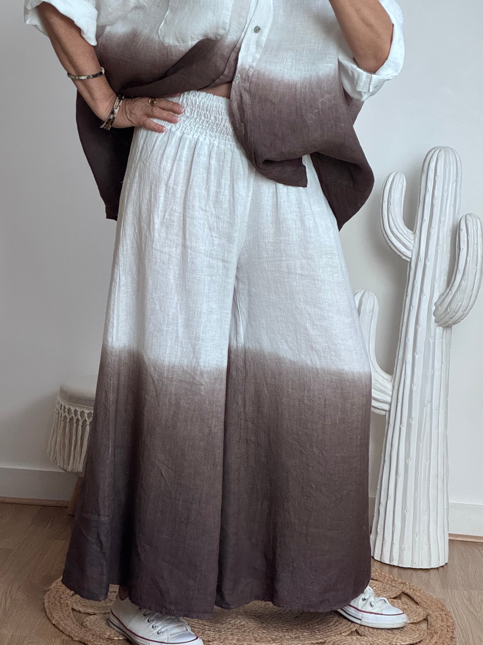 Pantalon palazzo Lin blanc et marron