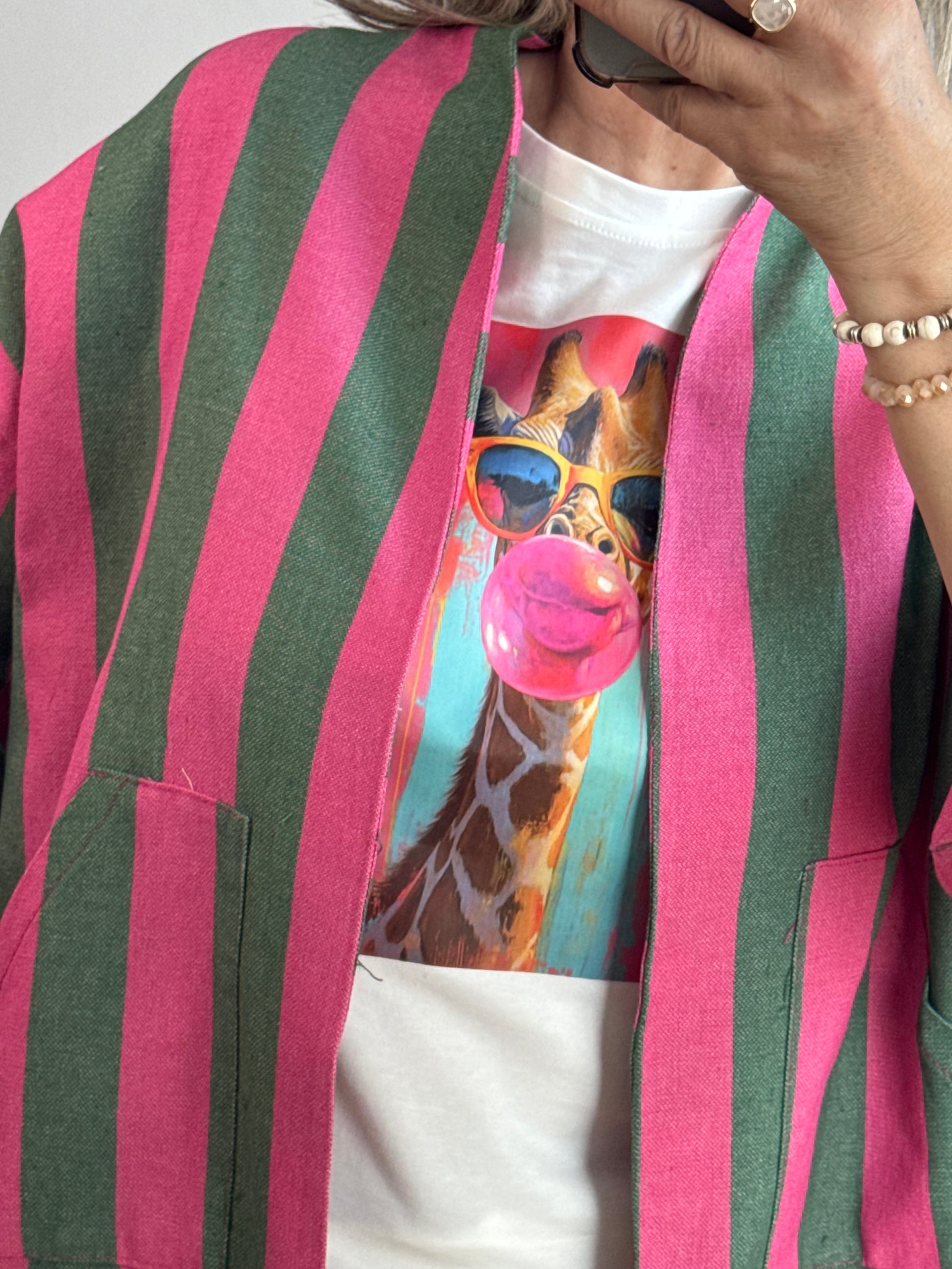 Veste kimono kaki et rose