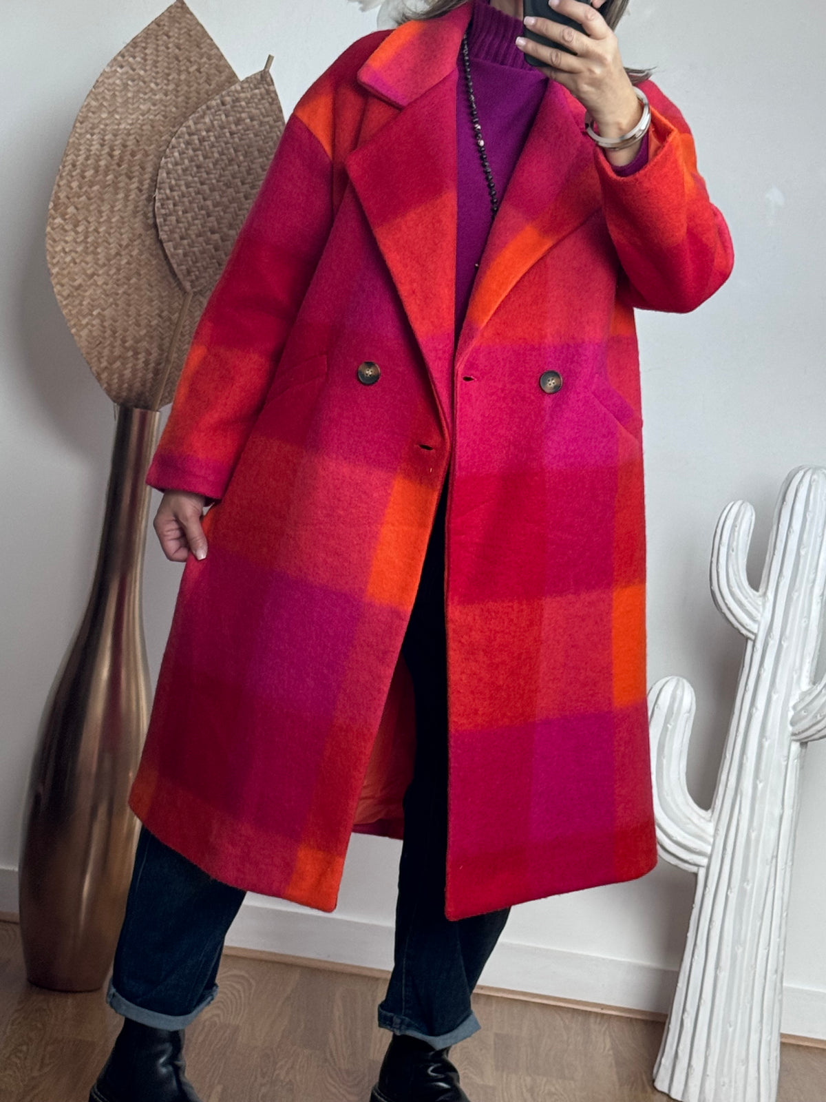 Manteau carreaux fuchsia