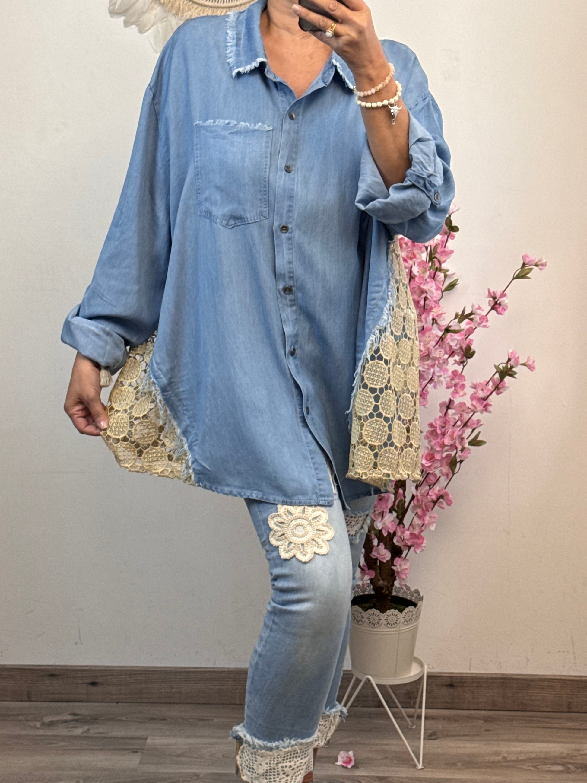 Chemise lyocell bleue dos lurex doré ajouré TU 42/50