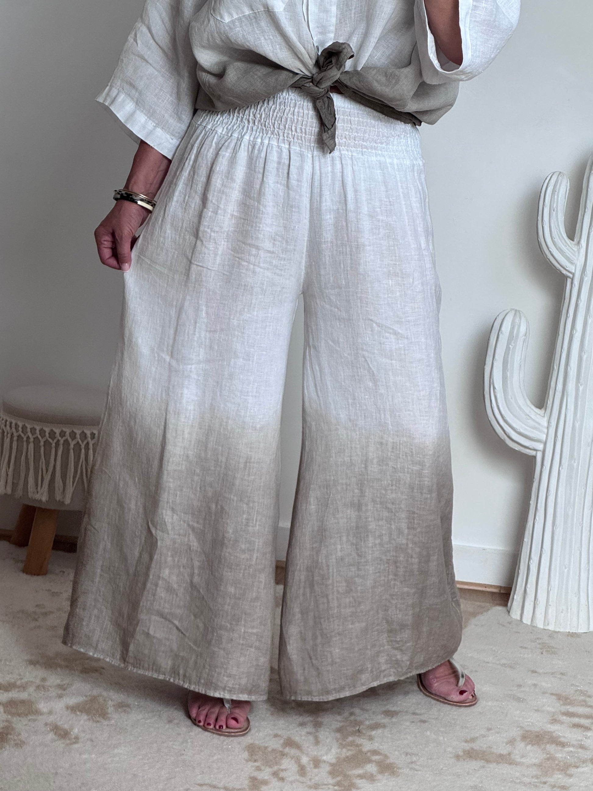 Pantalon palazzo Lin blanc et beige
