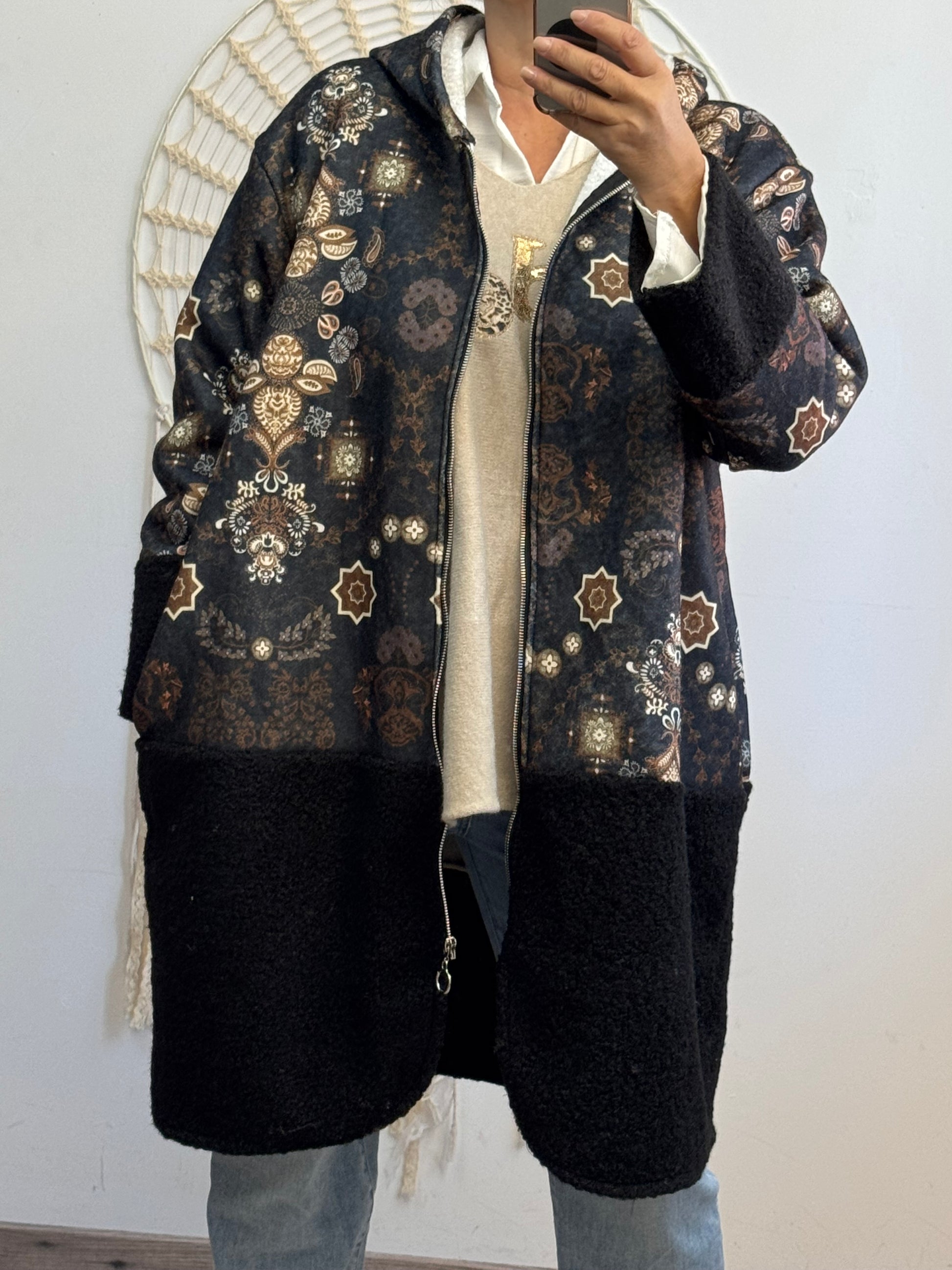 Manteau bi matière noir