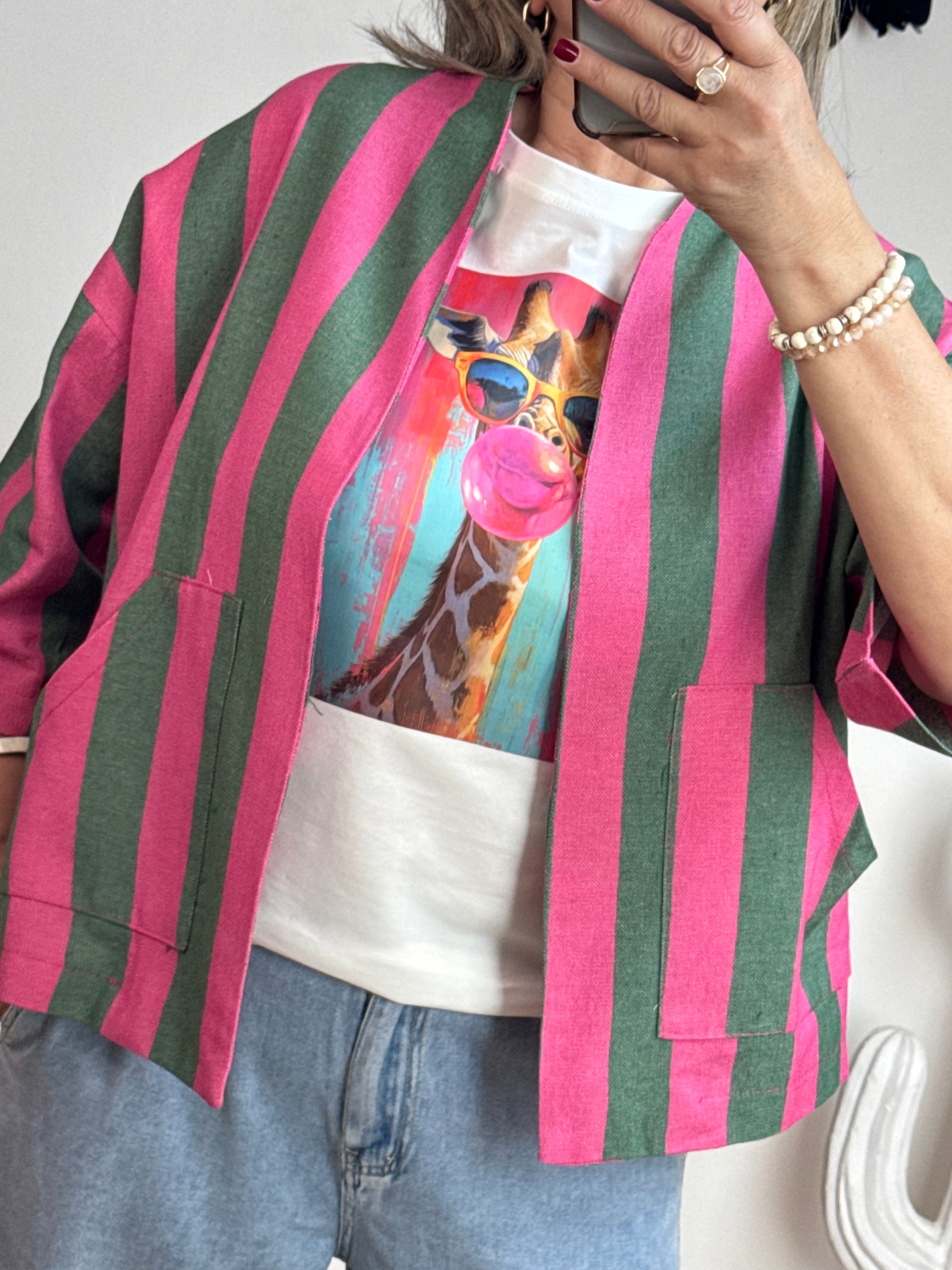 Veste kimono kaki et rose