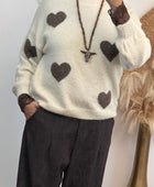 Pull crème cœurs marron