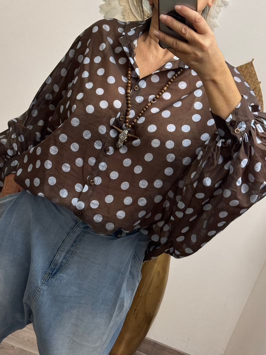 Blouse fluide marron pois bleus