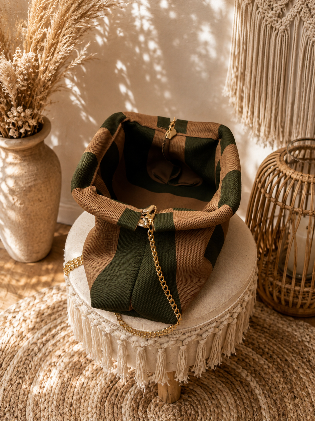 Sac rayé kaki et beige