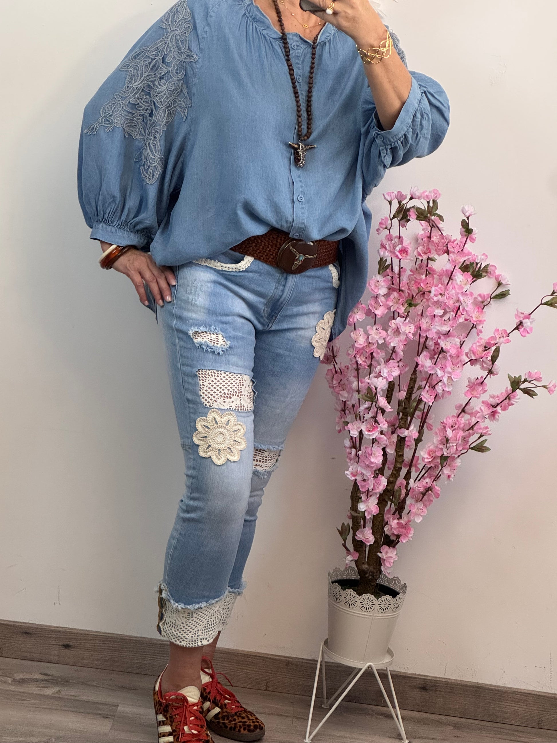 Blouse bohème bleu tencel  TU 44/50