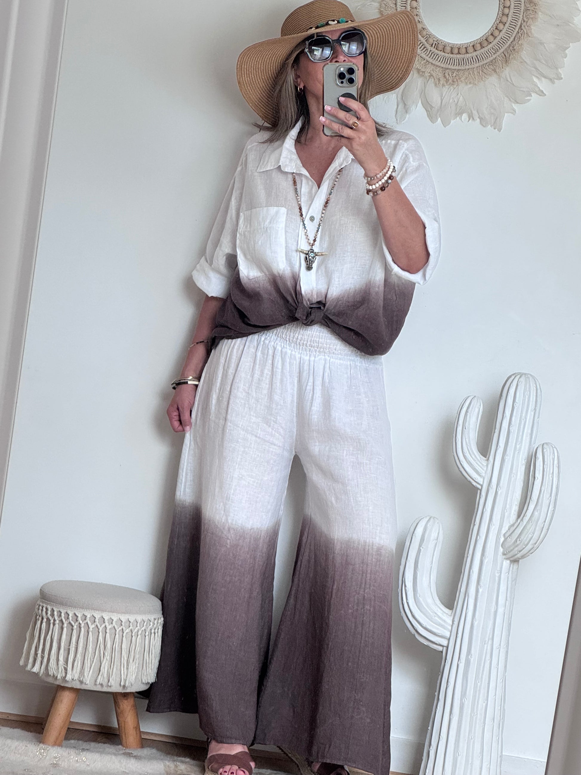 Pantalon palazzo Lin blanc et marron