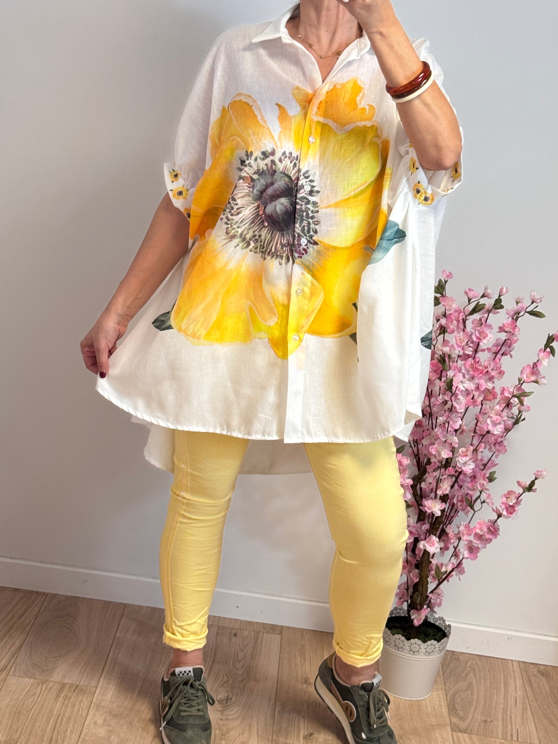 Chemise évasée fleurs jaune TU 38/46