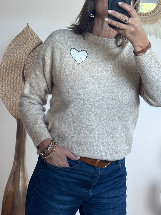 Pull coeur beige chiné