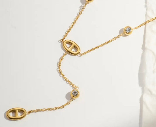 Collier en forme de Y Ovale & Strass en Acier Inoxydable Doré