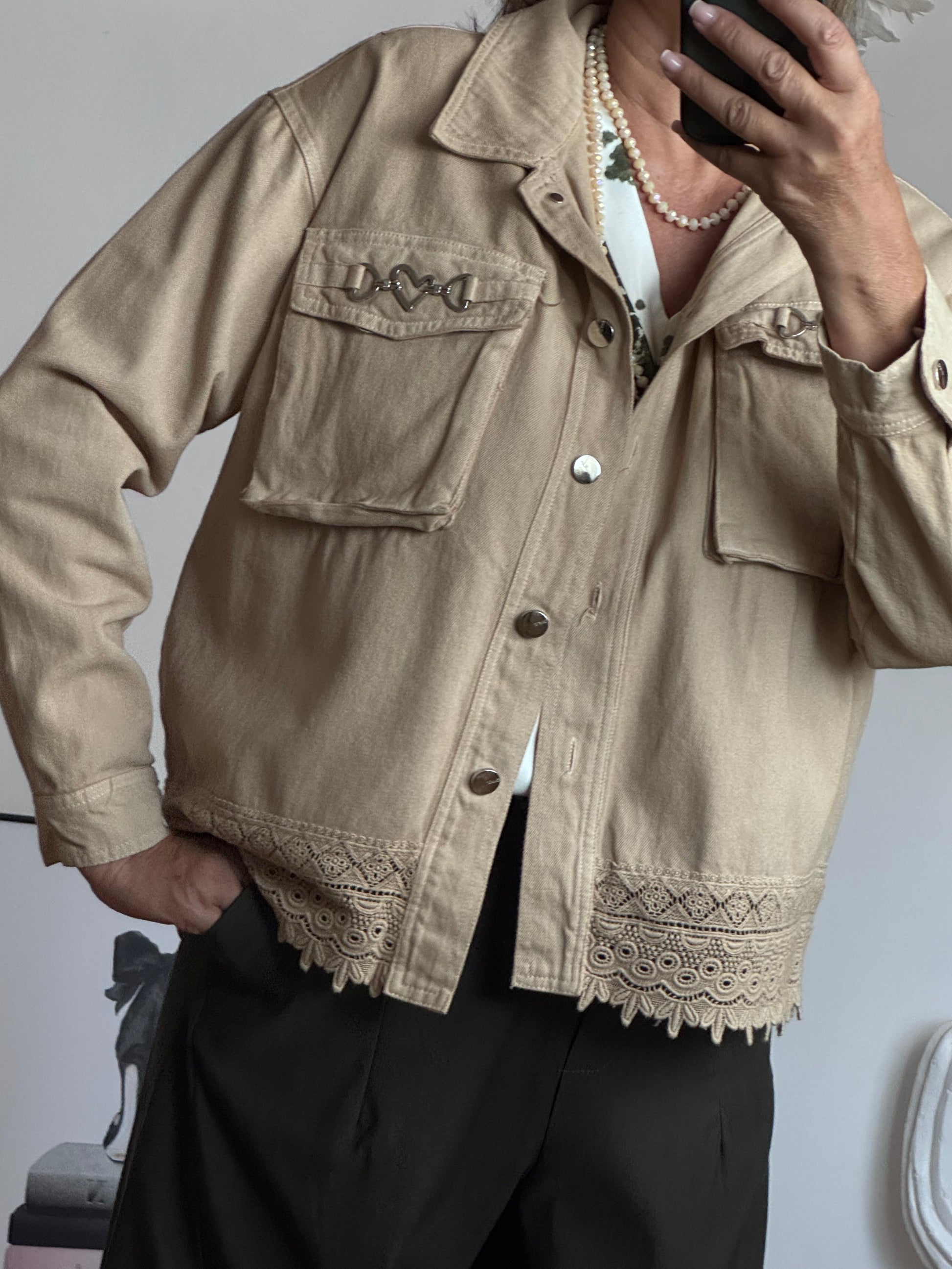 Veste jeans beige dentelle