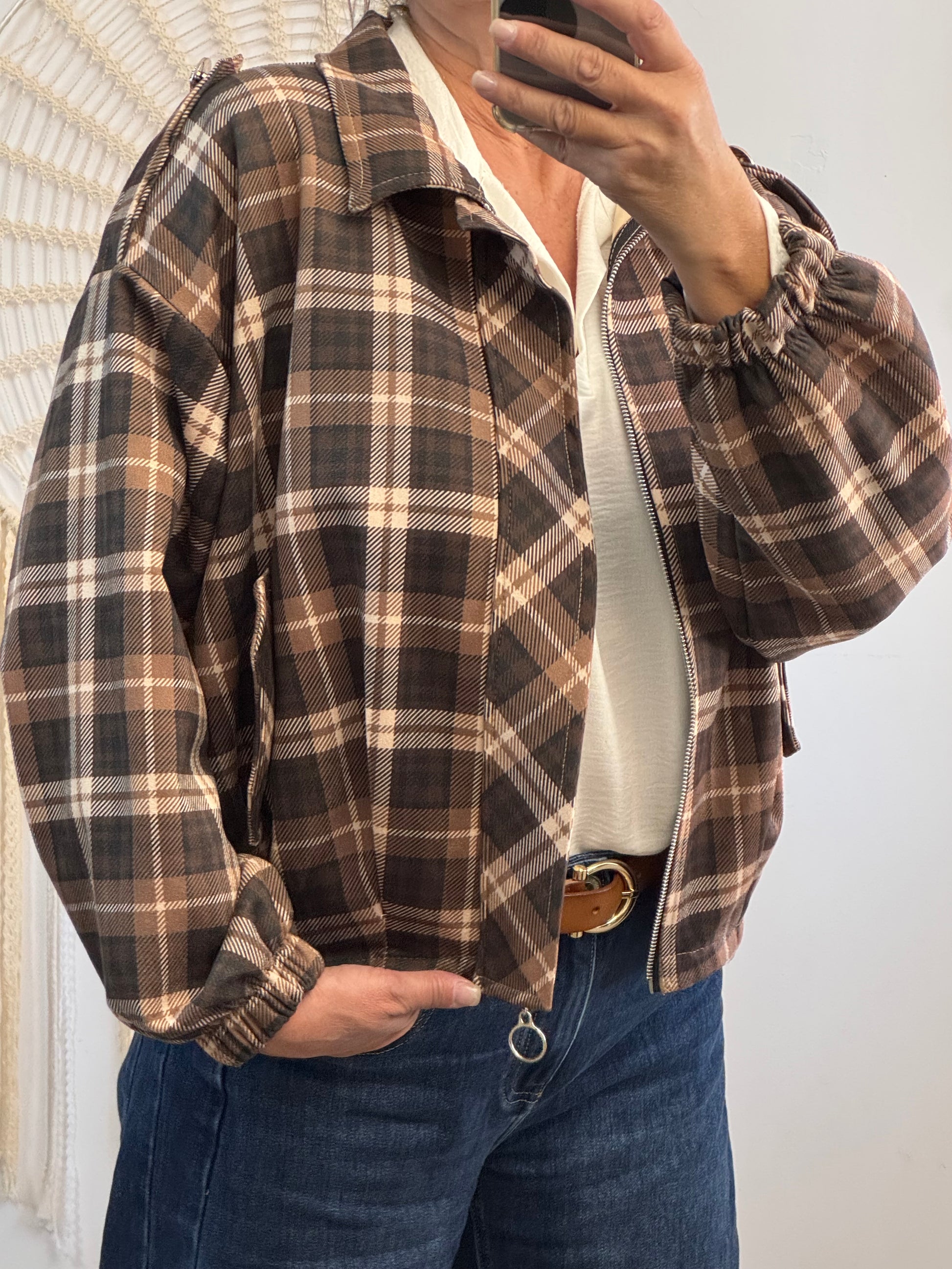 Blouson loose carreaux marron