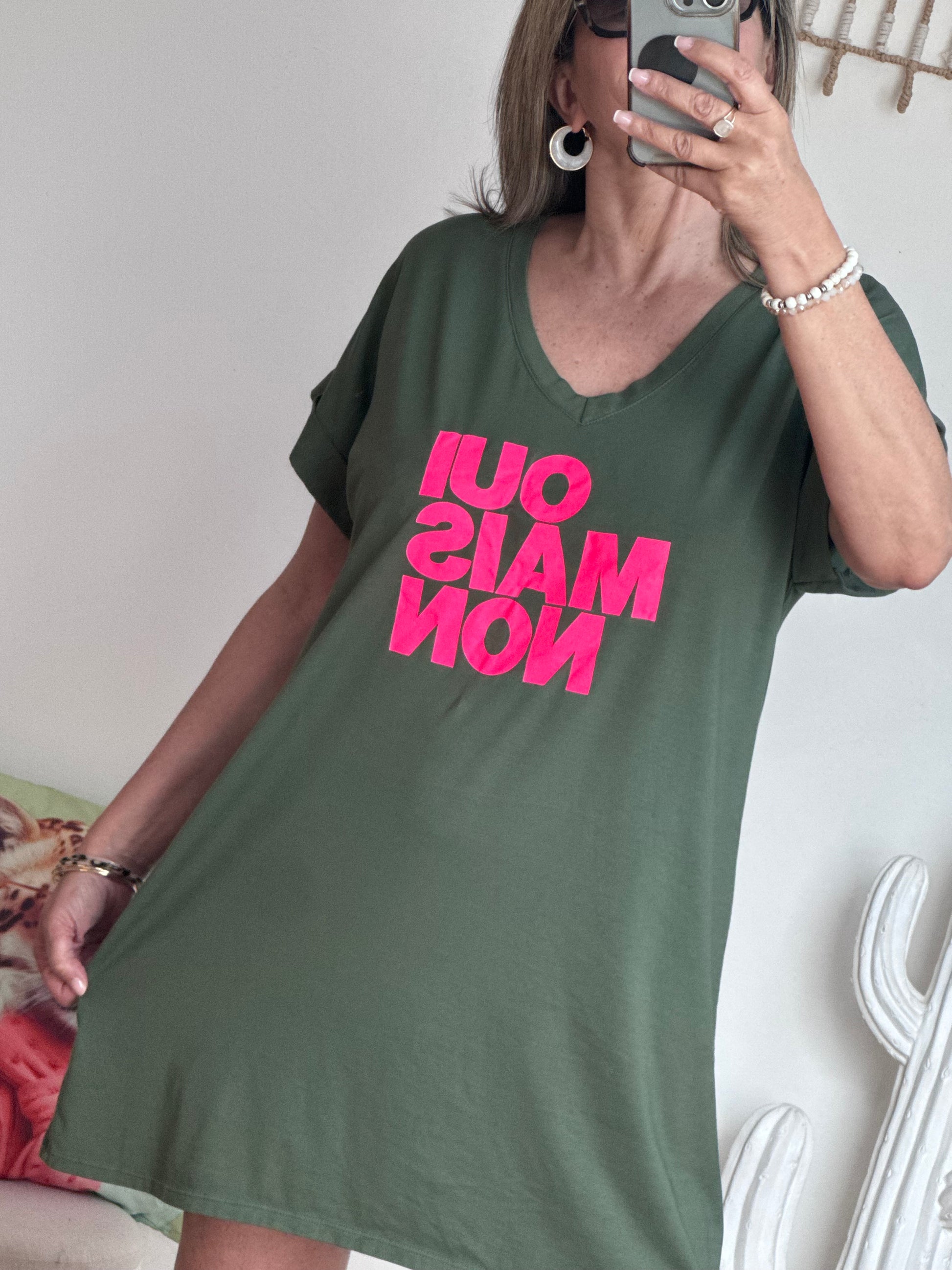 Robe teeshirt « Oui Mais Non » kaki