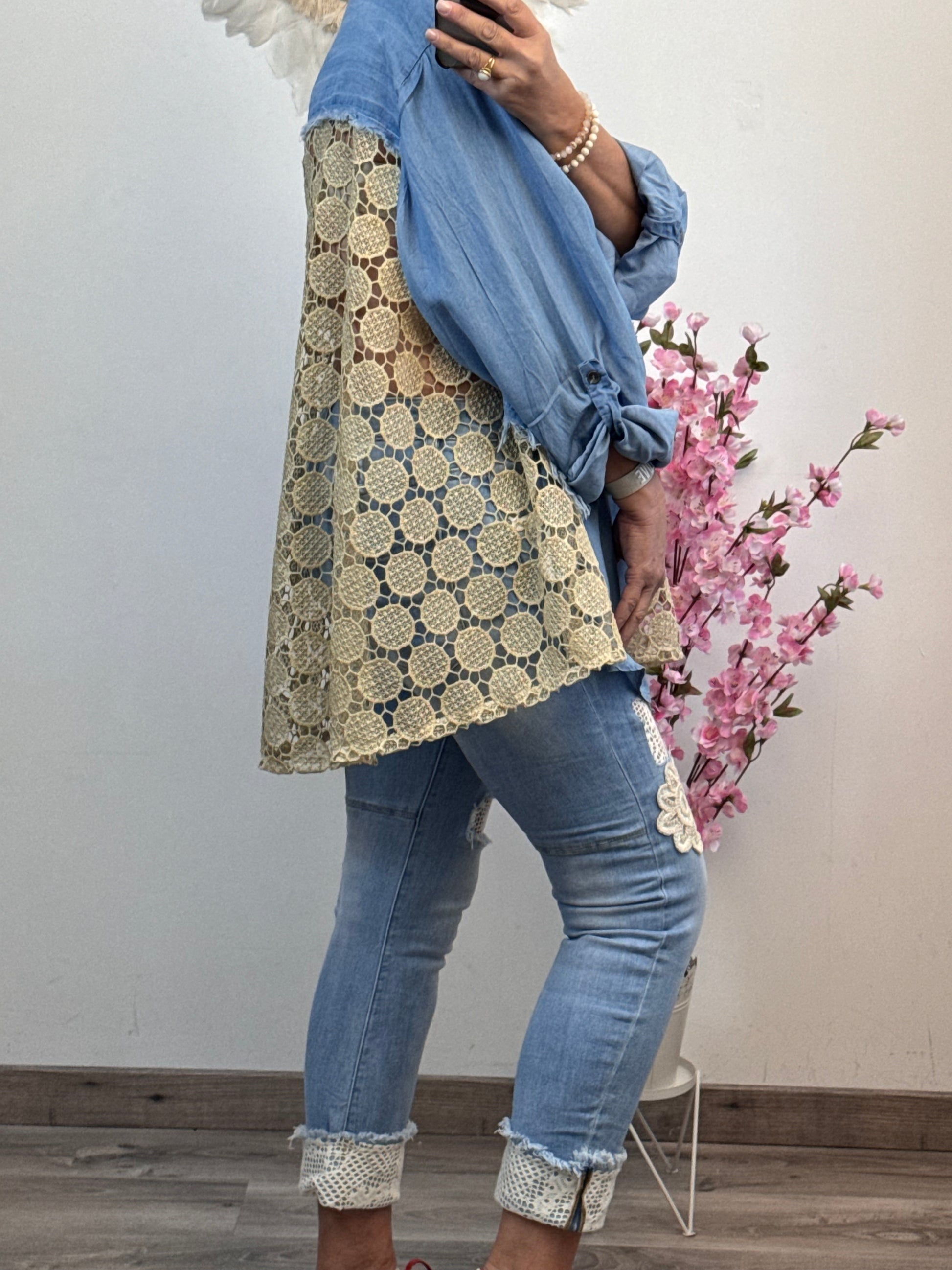 Chemise lyocell bleue dos lurex doré ajouré TU 42/50