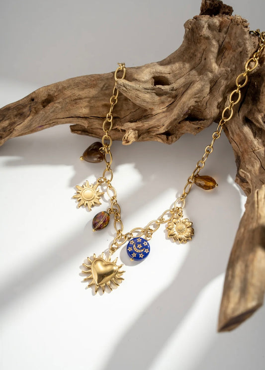 Parure collier et bracelet breloques bleues