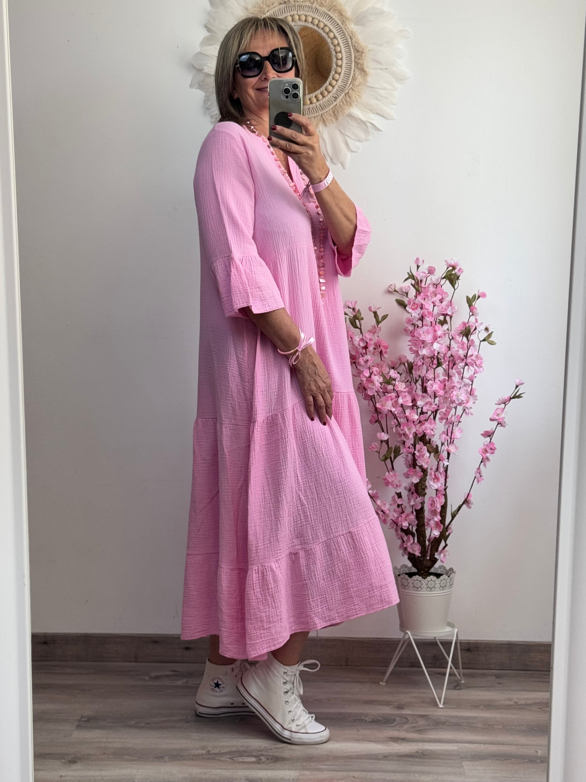Robe longue gaz de coton rose bonbon