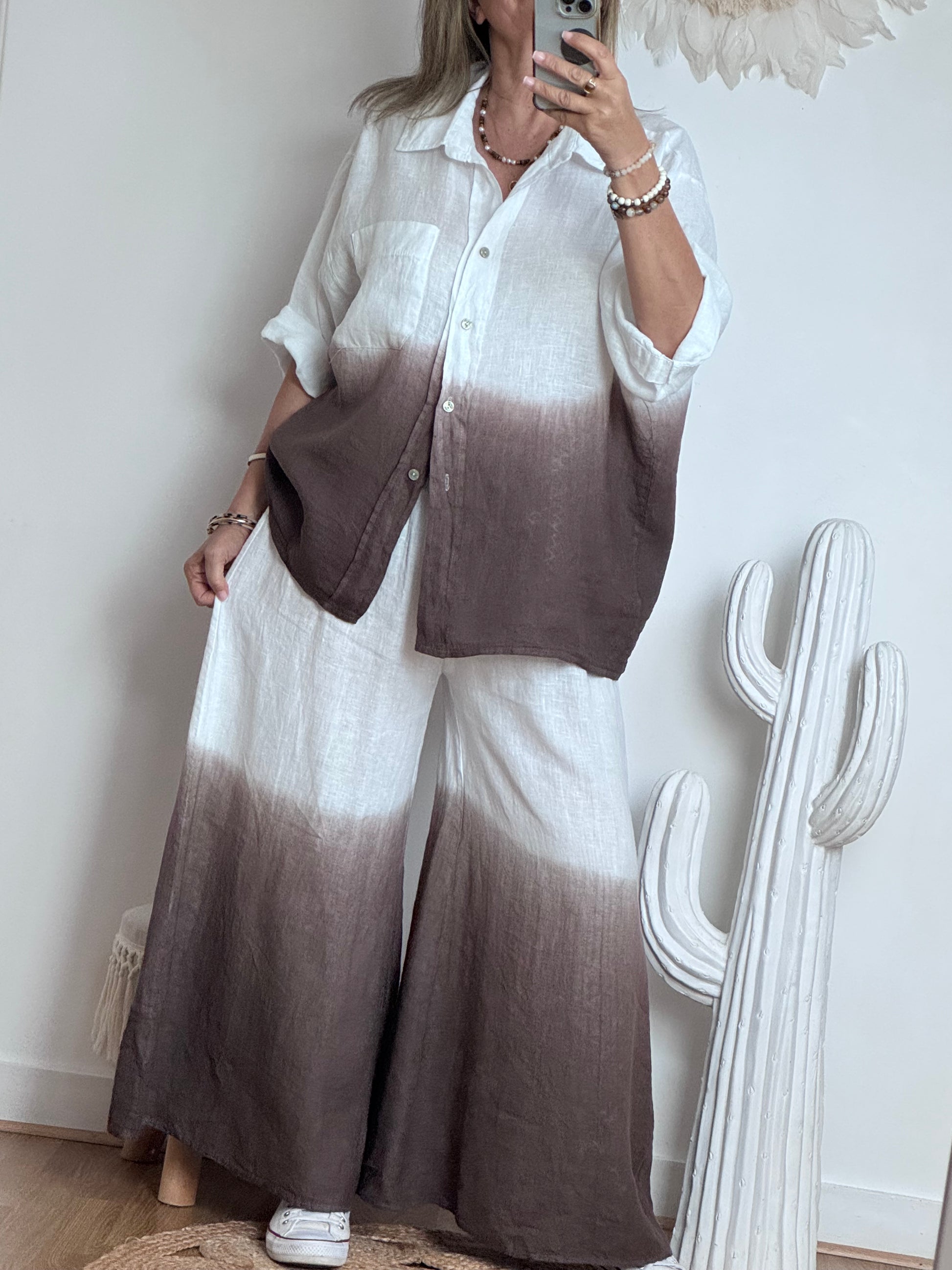 Chemise lin blanche et marron TU 38/48