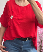 Blouse fleurs bijoux rouge vif TU 44/50