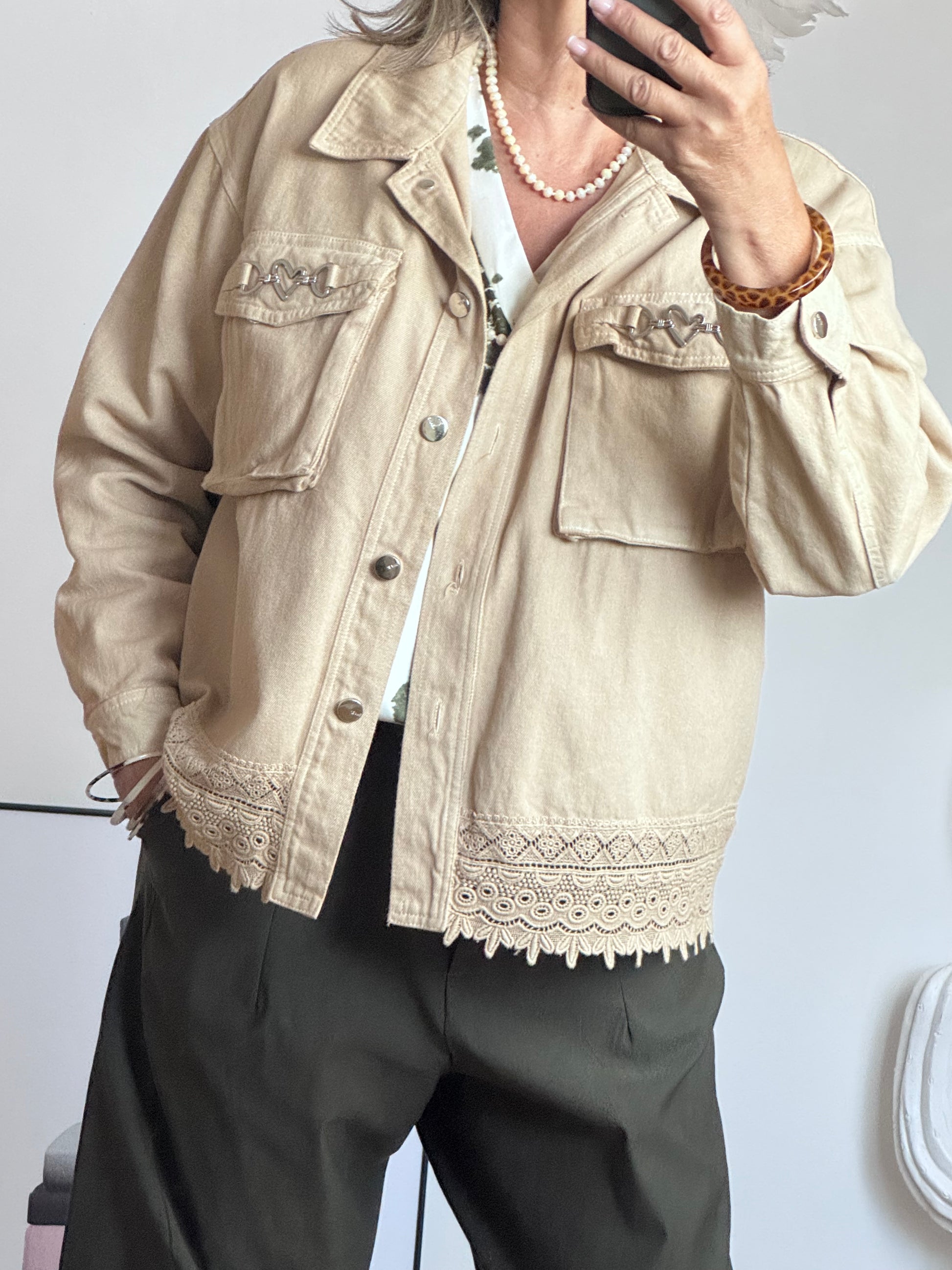 Veste jeans beige dentelle