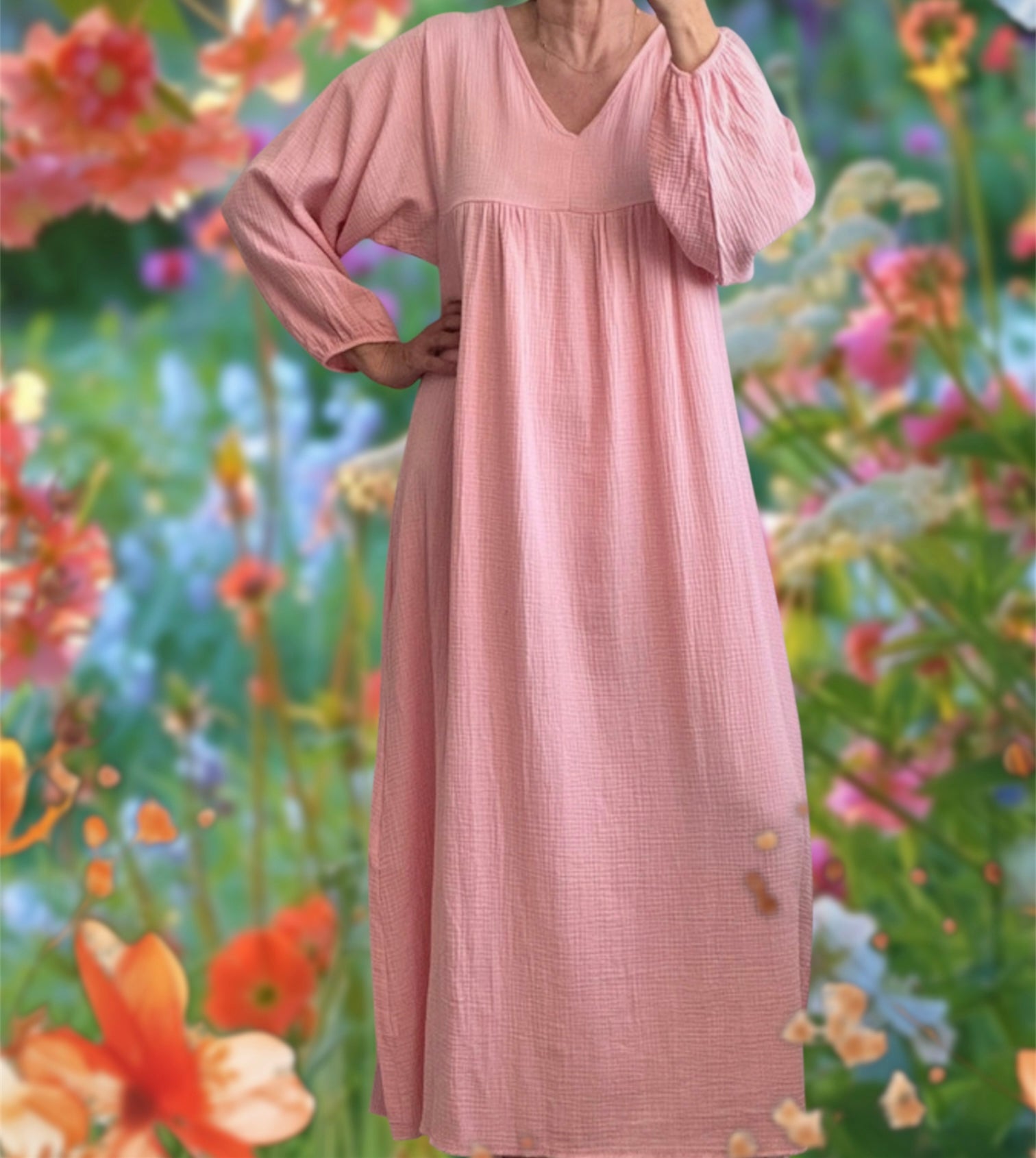 Robe longue gaz de coton rose TU 38/46