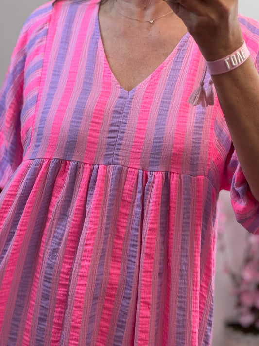 Robe bohème gaz de coton rayures Lila et rose TU 36/48