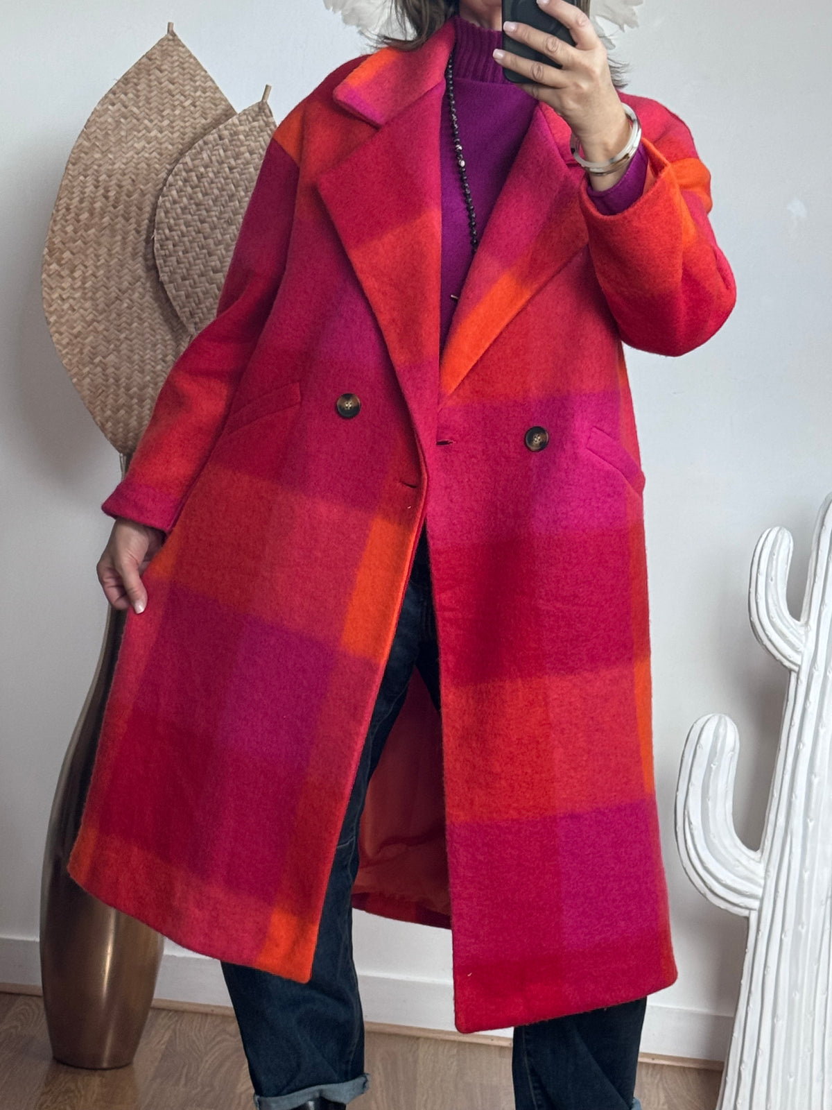 Manteau carreaux fuchsia