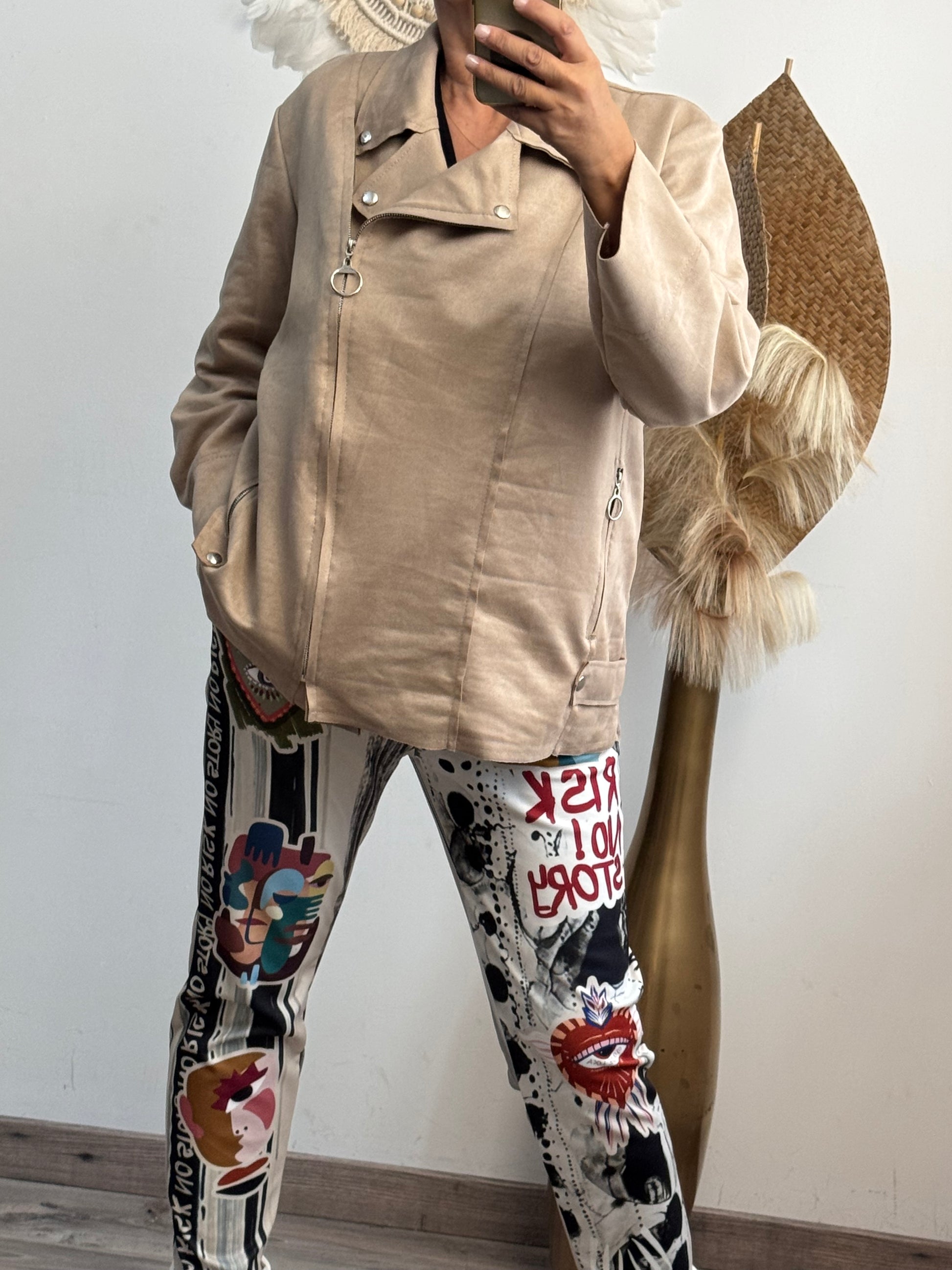 Blouson perfecto suédine beige TU 46/52