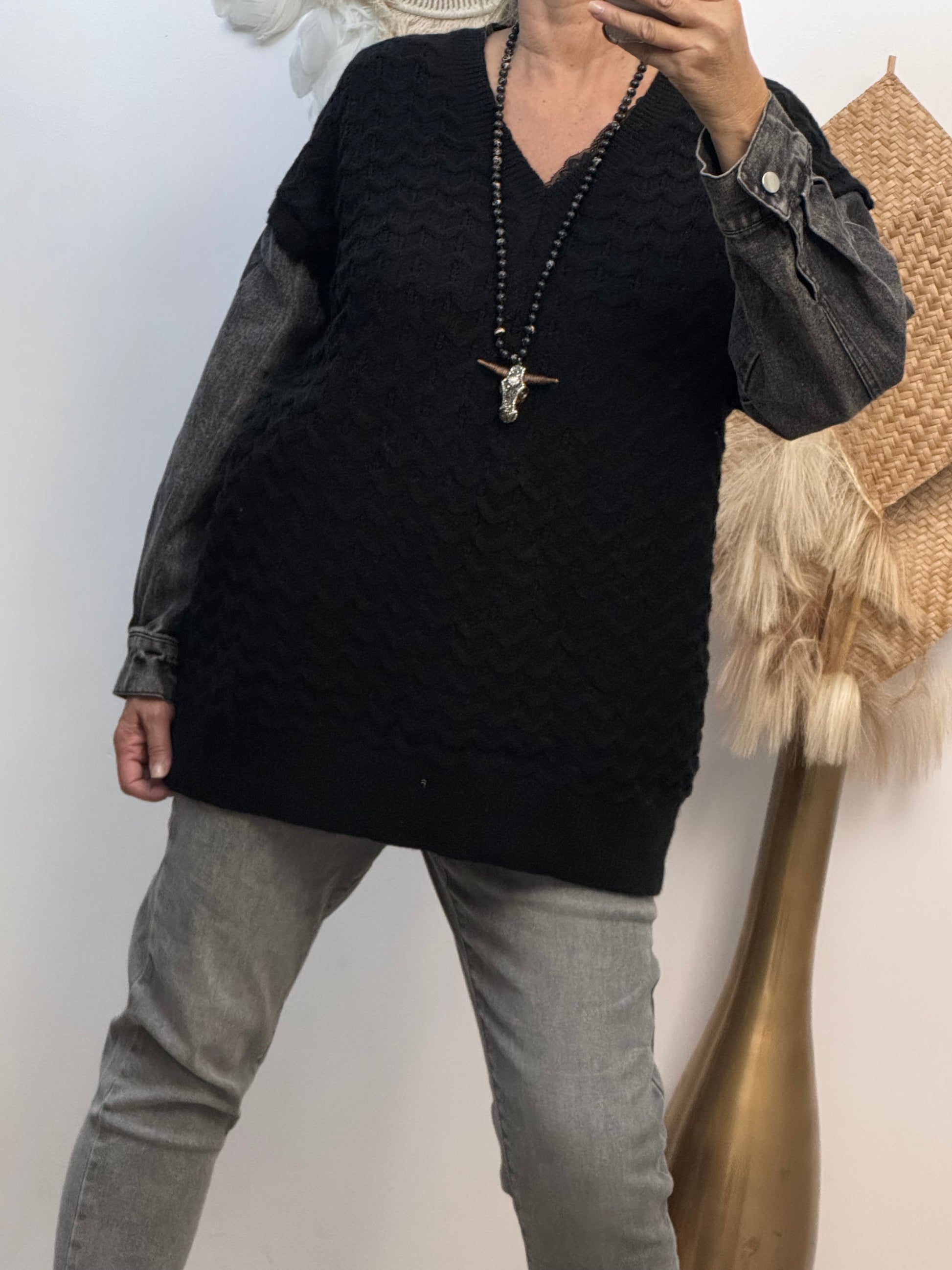 Pull noir manches jeans TU 44/50