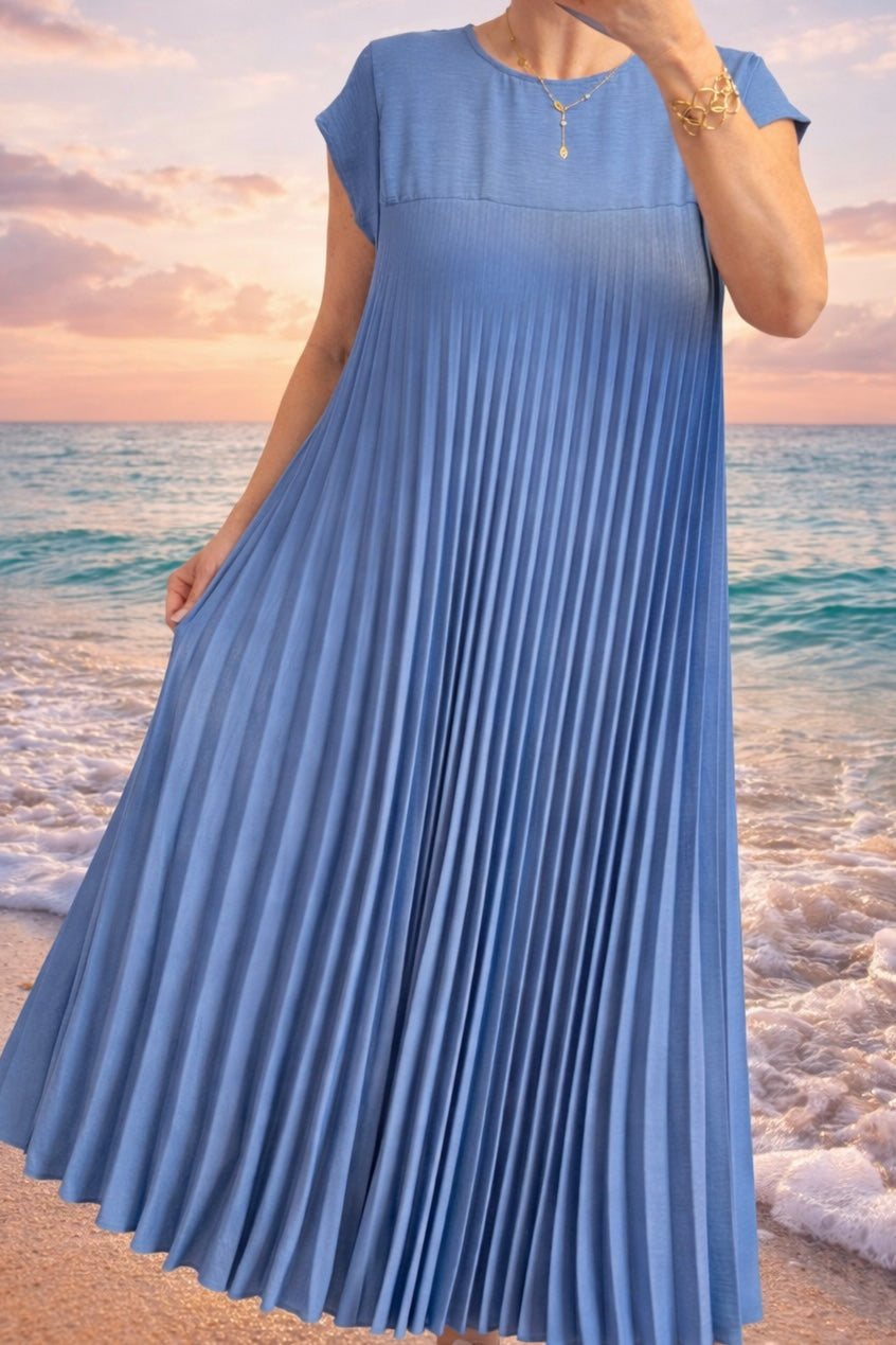 Robe longue plissée bleue