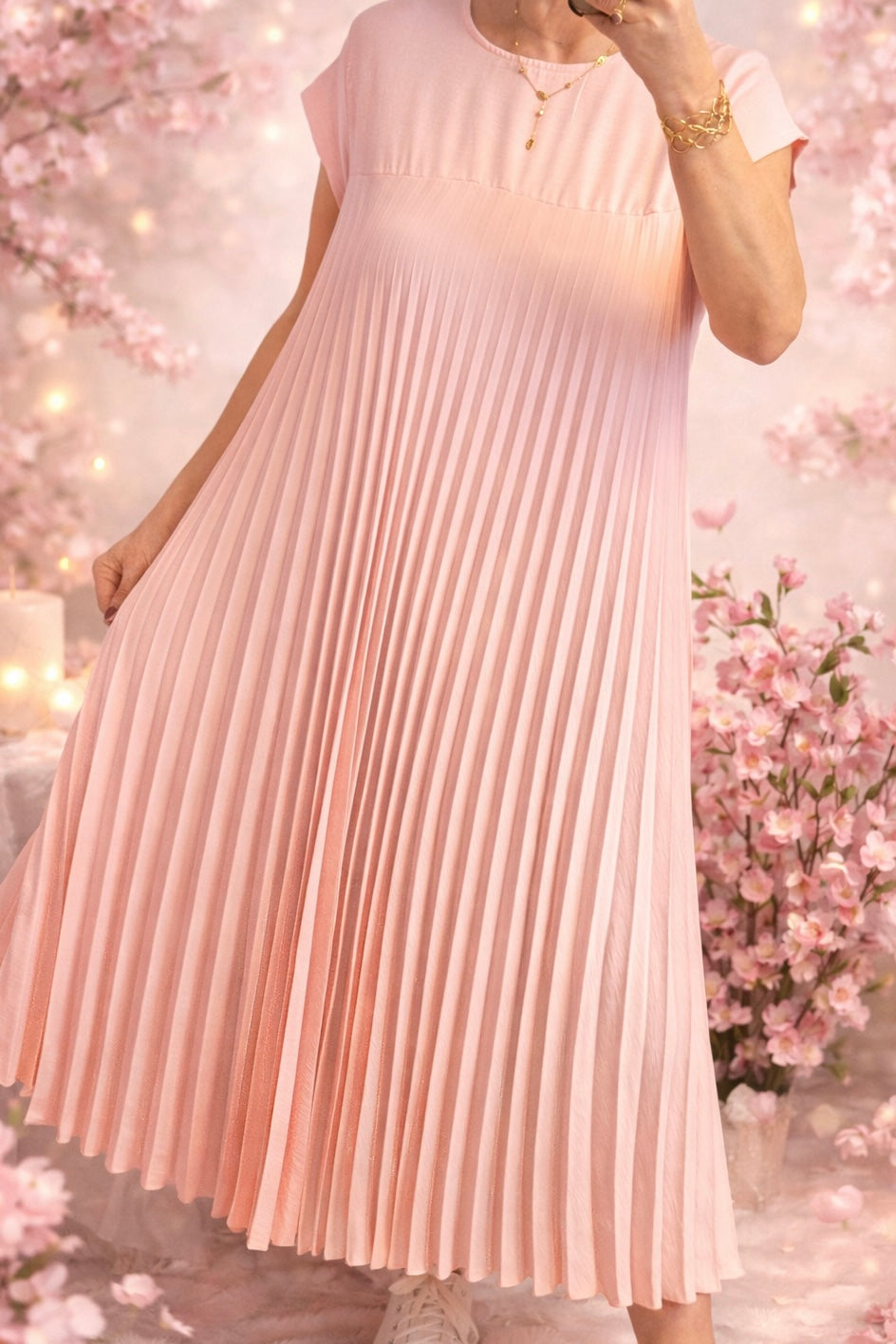 Robe longue plissée rose