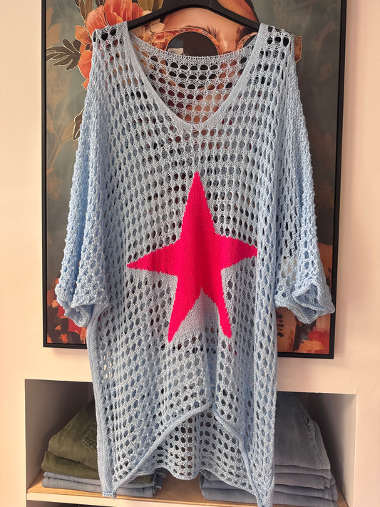 Pull crochet bleu ciel