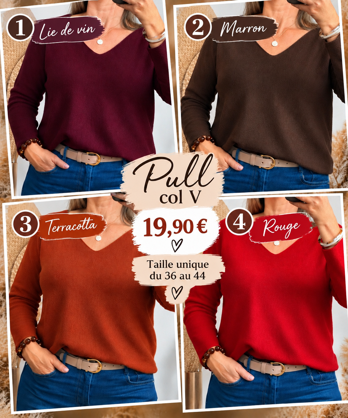 Pull col V violine, marron, terracotta et rouge