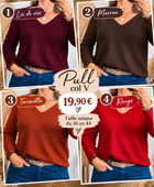 Pull col V violine, marron, terracotta et rouge
