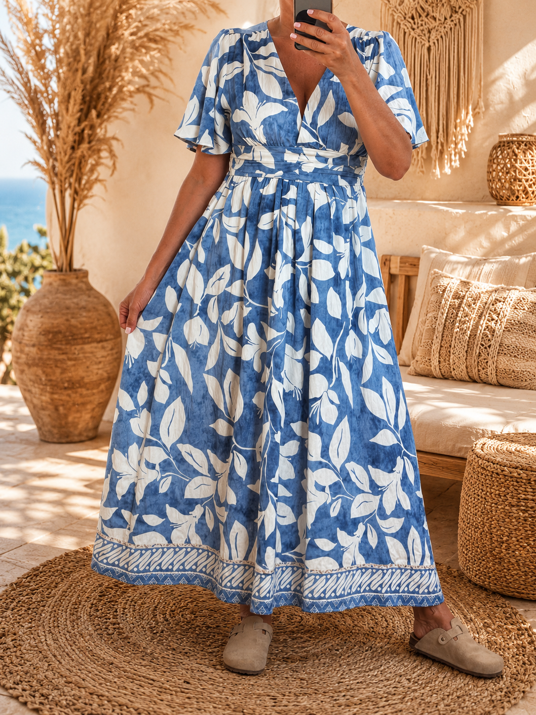 Robe longue fleurie bleue